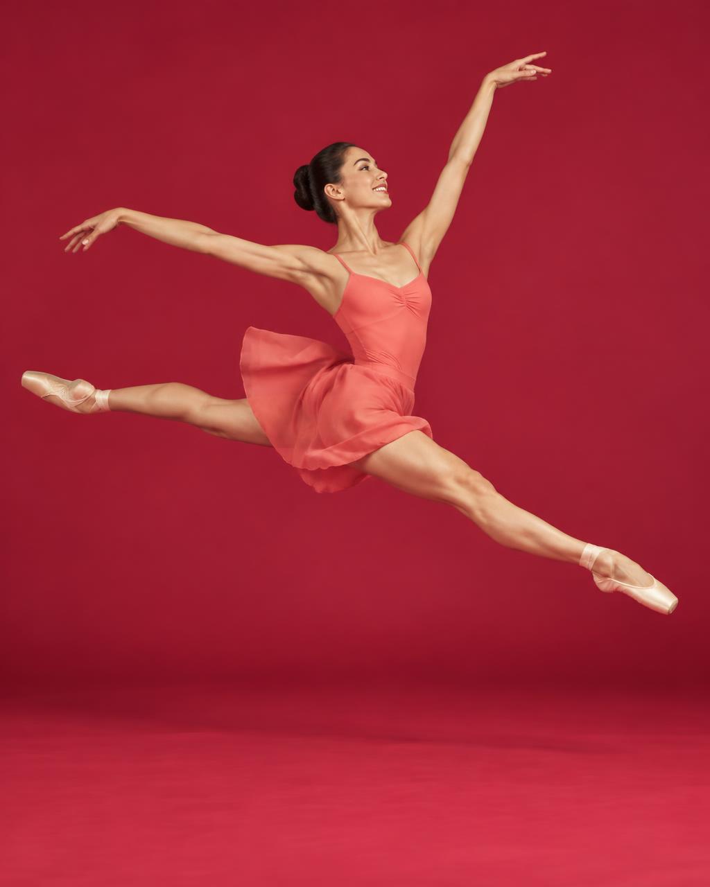 Illustrative ballet dancer leaping in coral dancewear against a crimson background