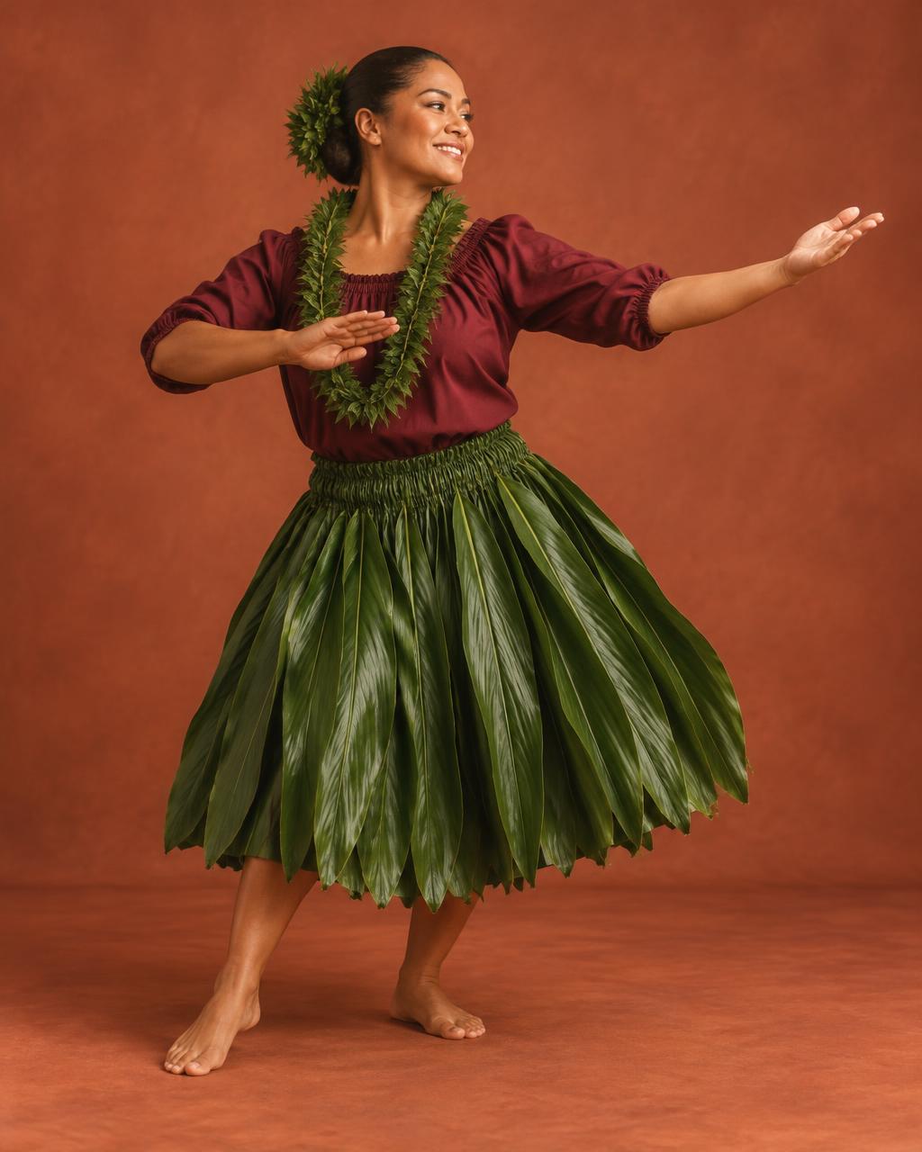 Illustrative Hawaiian hula dancer in a burgundy blouse, green ti-leaf skirt and greenery lei